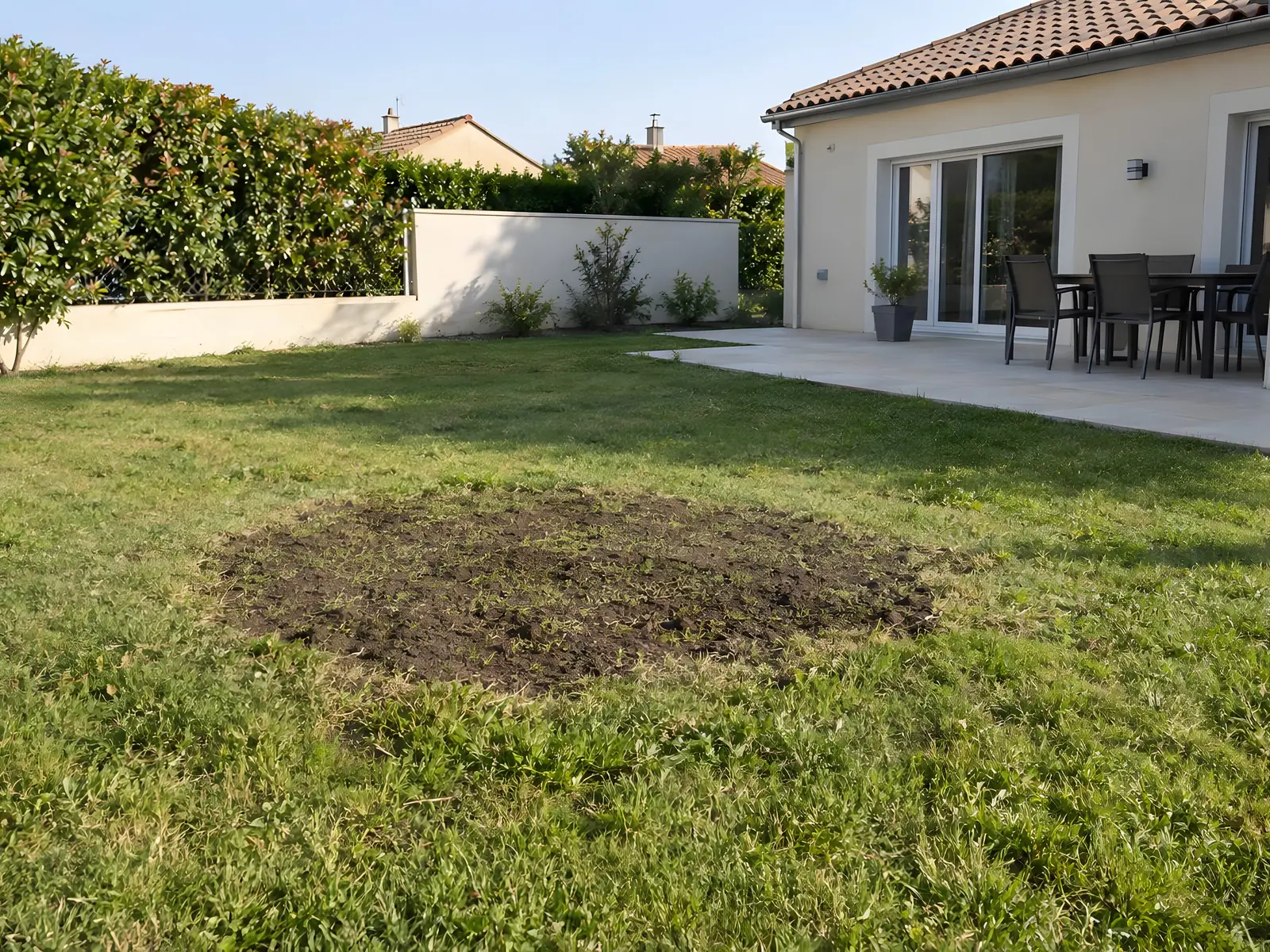 Pelouse devant une terrasse dallée, tache ronde de terre nue au ras du sol à la place de l’arbre