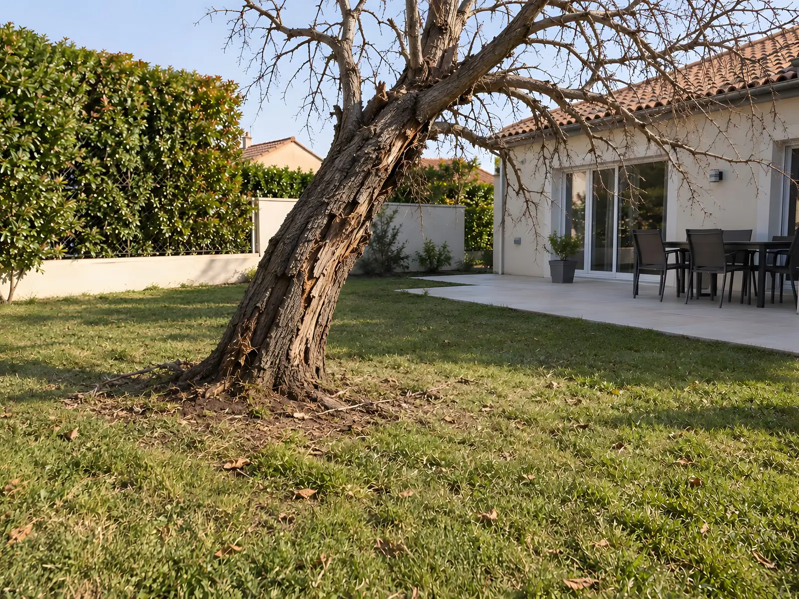 Vieil arbre mort et penché aux branches sèches au milieu d’une pelouse, devant une terrasse dallée et une maison claire