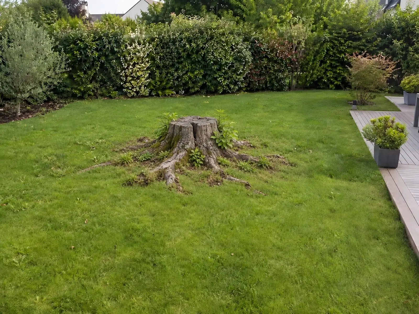 Grosse souche grise fendue au milieu d’une pelouse, racines apparentes et rejets verts, terrasse en bois à droite
