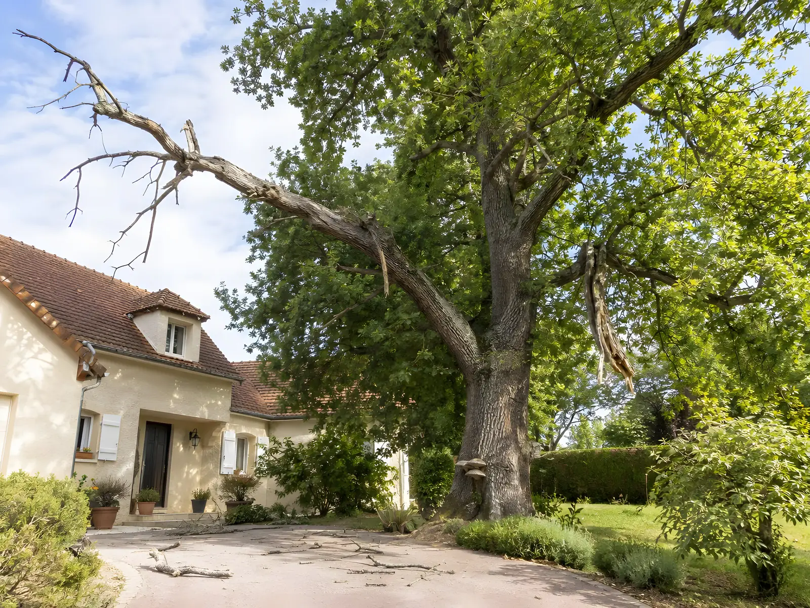 Grand chêne près d’une maison, une longue branche morte et une branche cassée qui pend au-dessus de l’allée