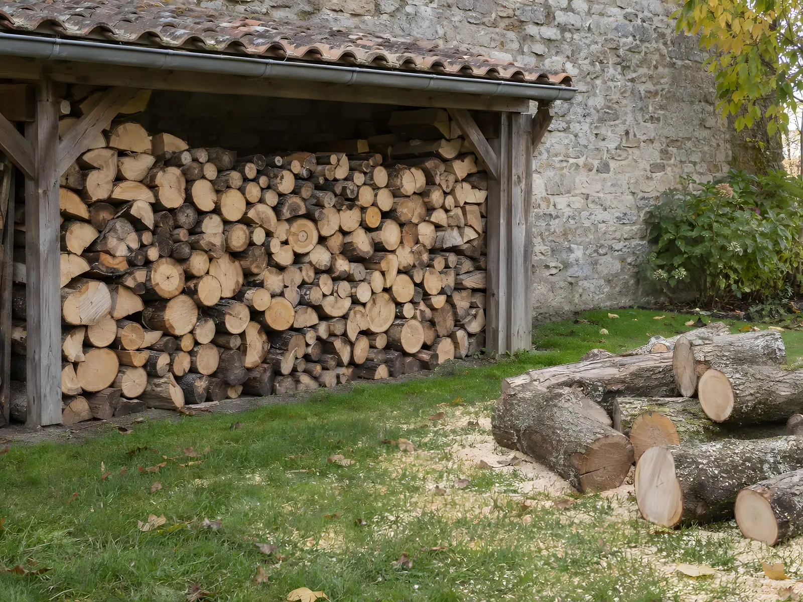 Bûches fendues empilées sous un abri en bois adossé à un mur en pierre, gros rondins fraîchement coupés posés sur l’herbe
