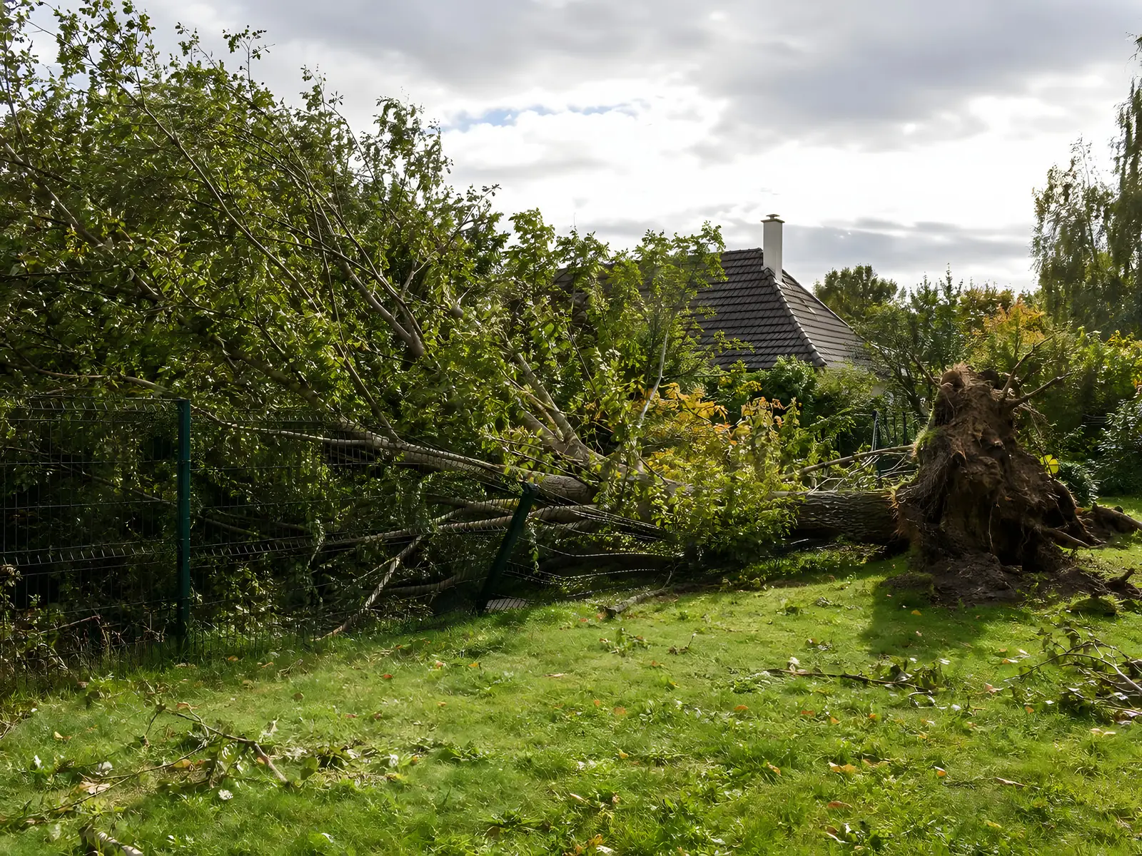 Arbre déraciné par le vent, couché en travers d’un grillage rigide vert, motte de racines arrachée sur la pelouse