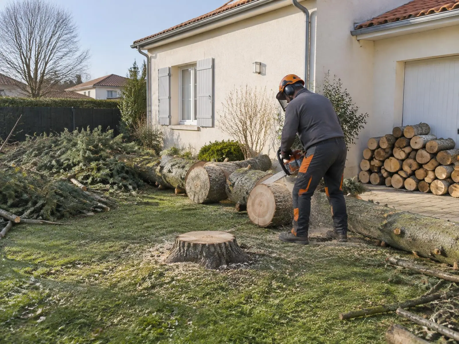 Artisan casqué découpant à la tronçonneuse un tronc abattu, bûches empilées contre le mur d’un pavillon