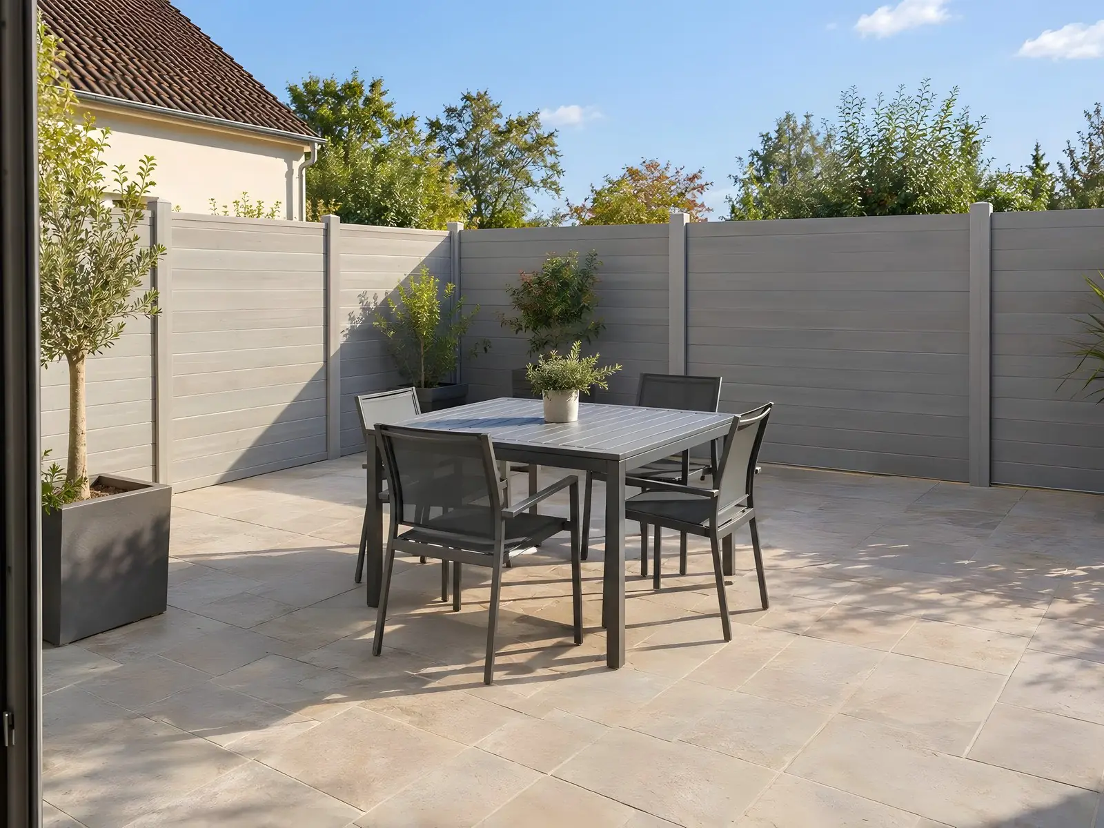 Terrasse dallée, table et quatre chaises, fermée par une clôture en bois gris clair à lames horizontales