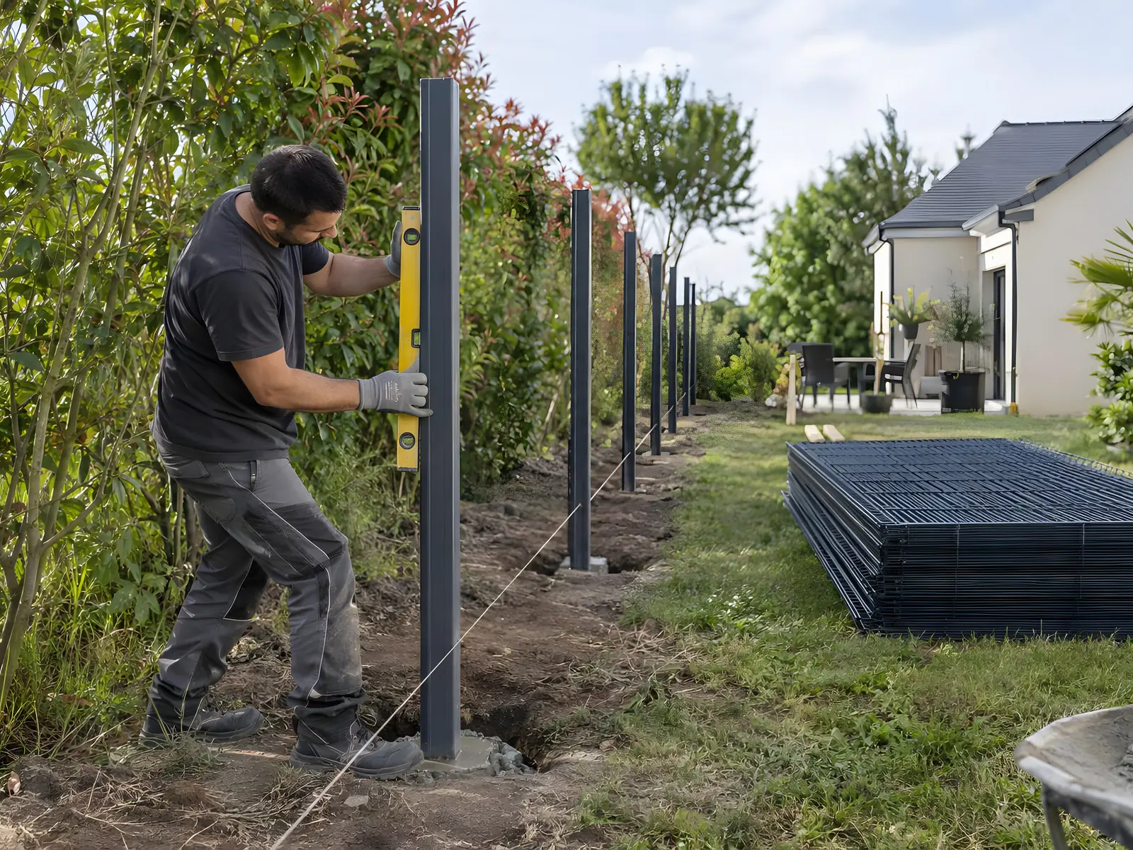Poseur qui vérifie au niveau l’aplomb d’un poteau de clôture anthracite, panneaux rigides empilés sur l’herbe