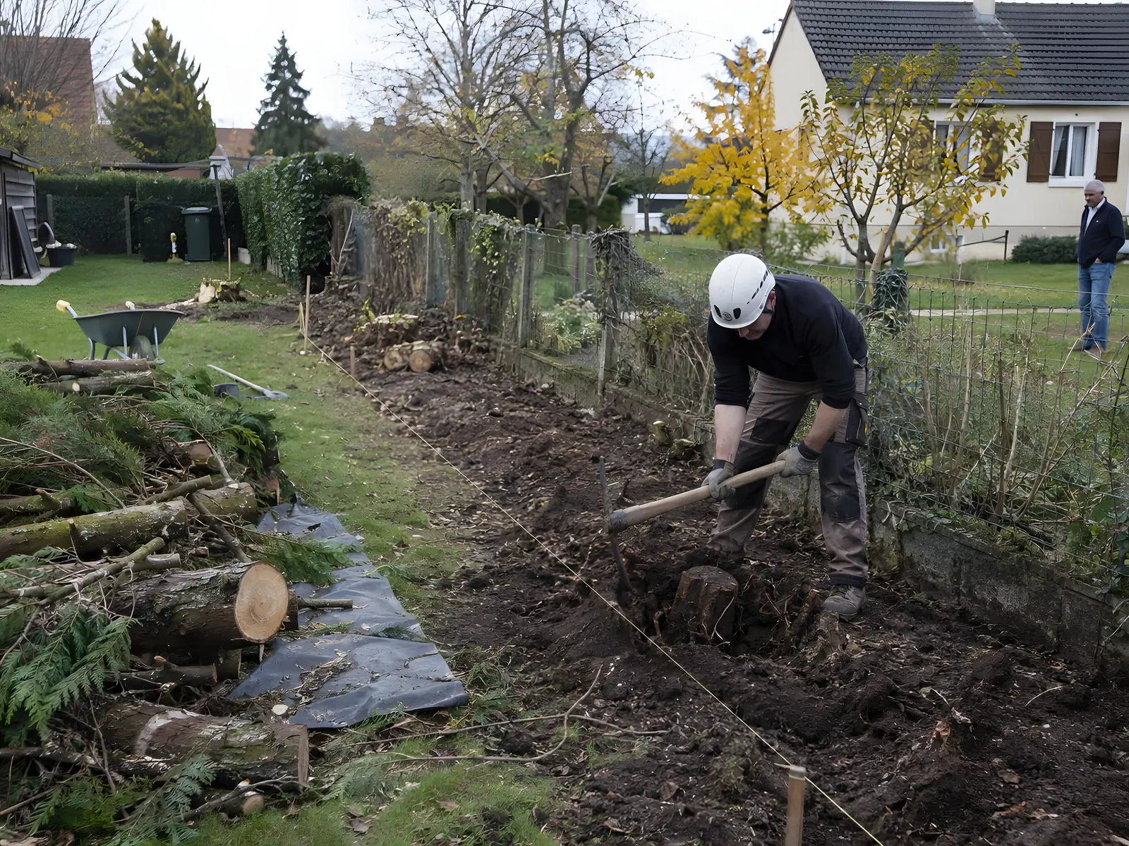 Ouvrier casqué qui arrache une souche à la pioche en limite de jardin, rondins de vieille haie sur une bâche
