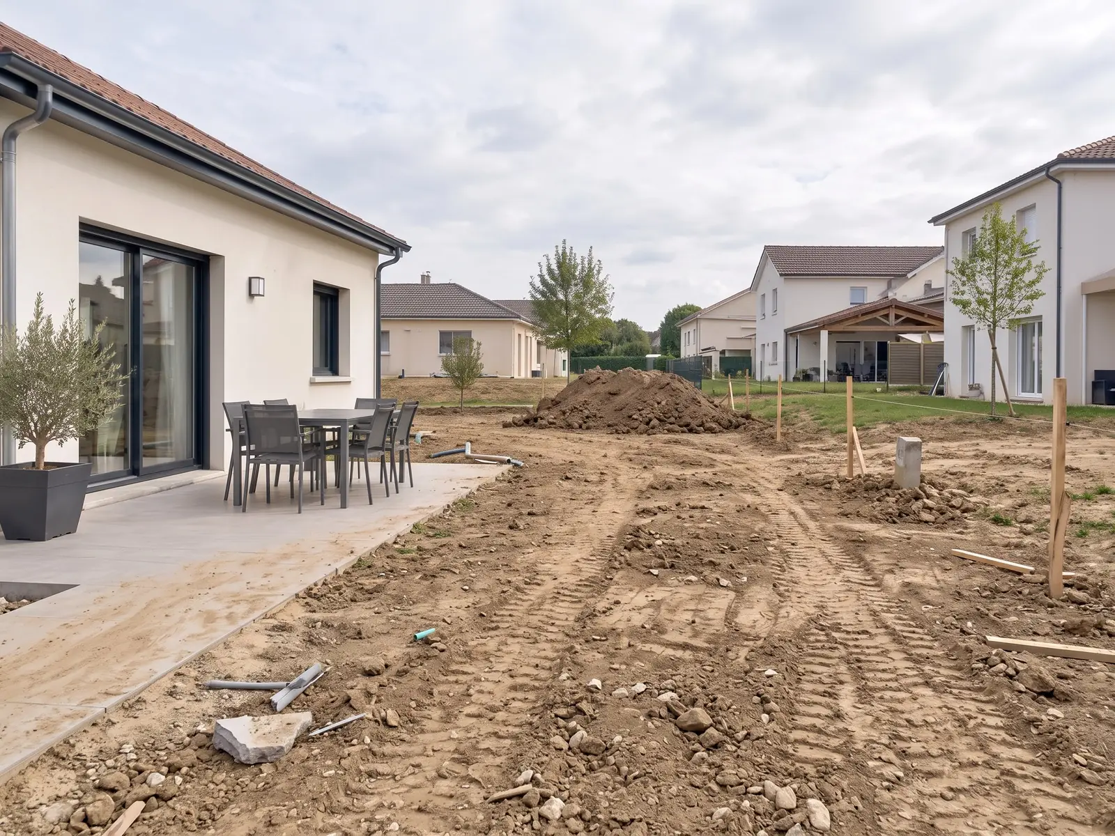 Terre nue retournée par les engins autour d’une maison neuve, traces de roues et tas de terre, avant les travaux