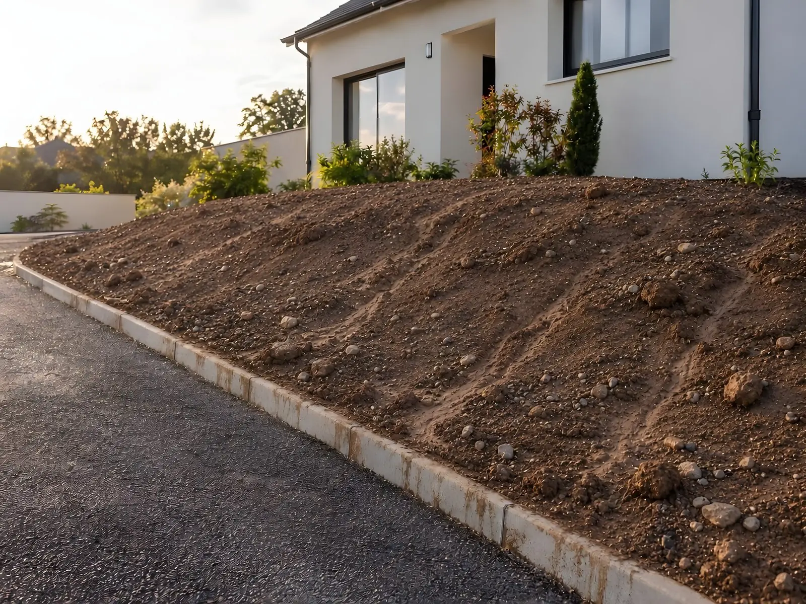 Talus de terre nue raviné par la pluie, cailloux et mottes, le long d’une allée bordée de béton sous une maison blanche