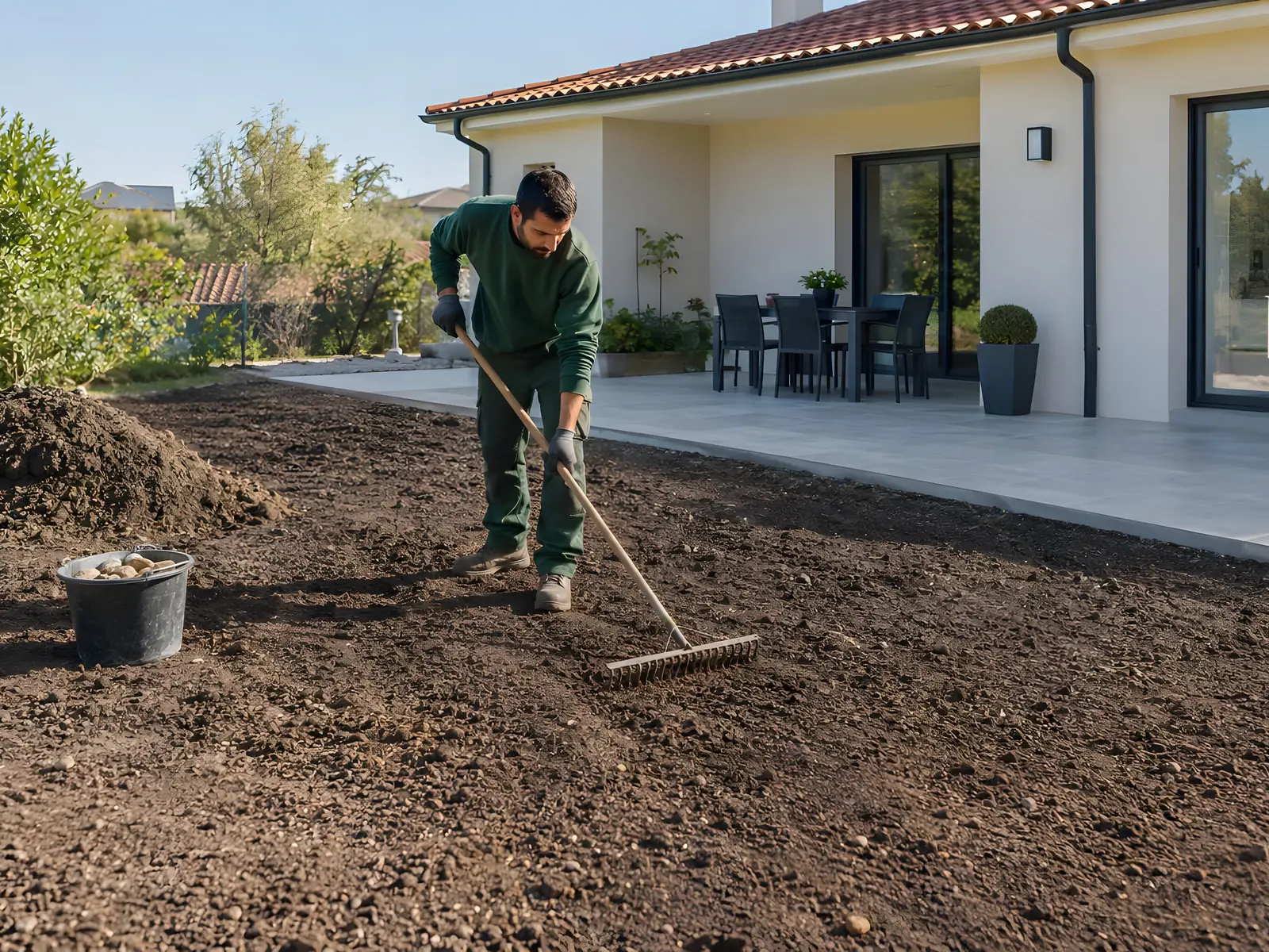 Jardinier qui nivelle au râteau une grande surface de terre retournée devant la terrasse d’une maison neuve