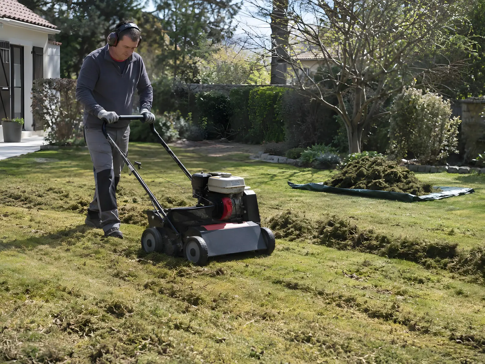 Jardinier avec casque antibruit qui passe un scarificateur sur une pelouse moussue, mousse en tas sur une bâche
