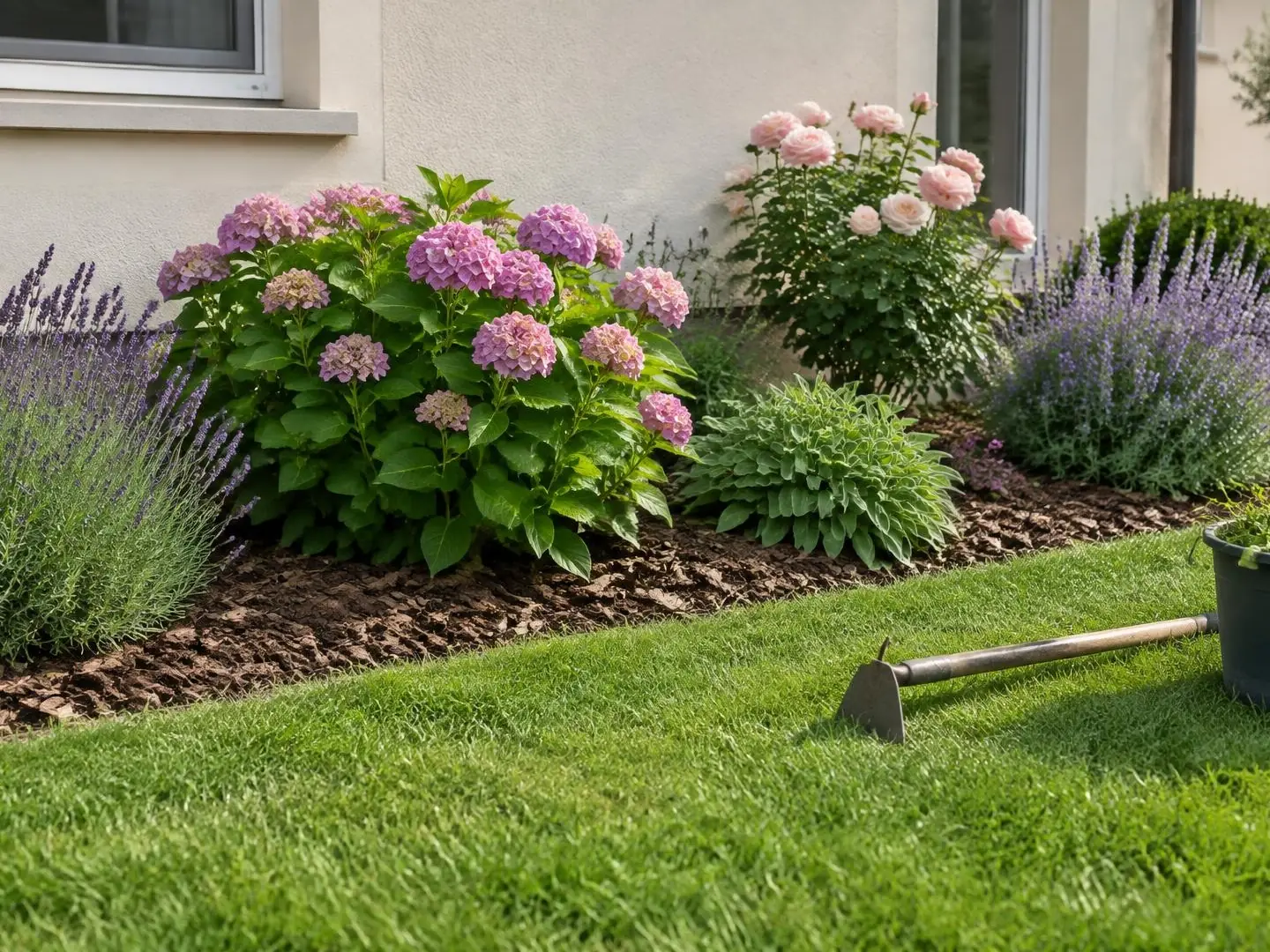 Massif de lavandes et d’hortensias paillé d’écorces au bord d’une pelouse, outils et seau posés dans l’herbe