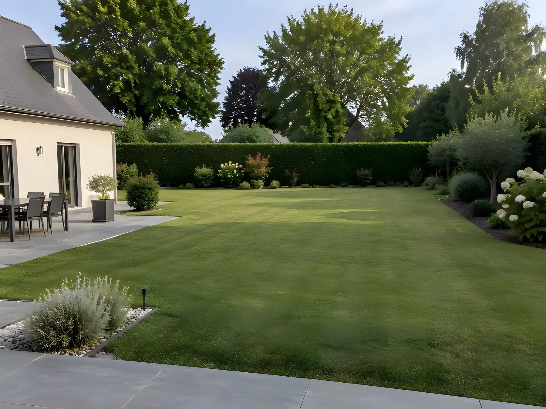 Le même jardin remis au propre : pelouse rase, haie taillée au fond, massifs dégagés près de la terrasse