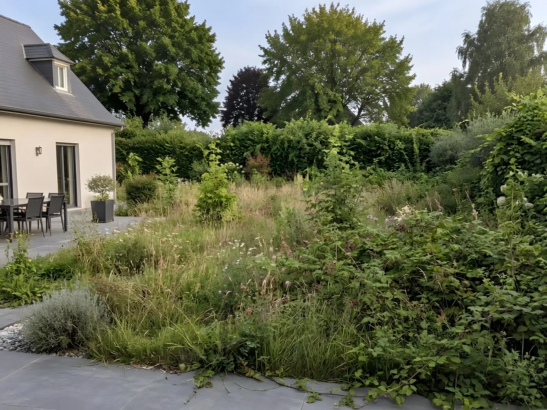 Jardin en friche à côté d’une maison : herbes hautes, ronces et arbustes qui ont tout envahi jusqu’à la terrasse