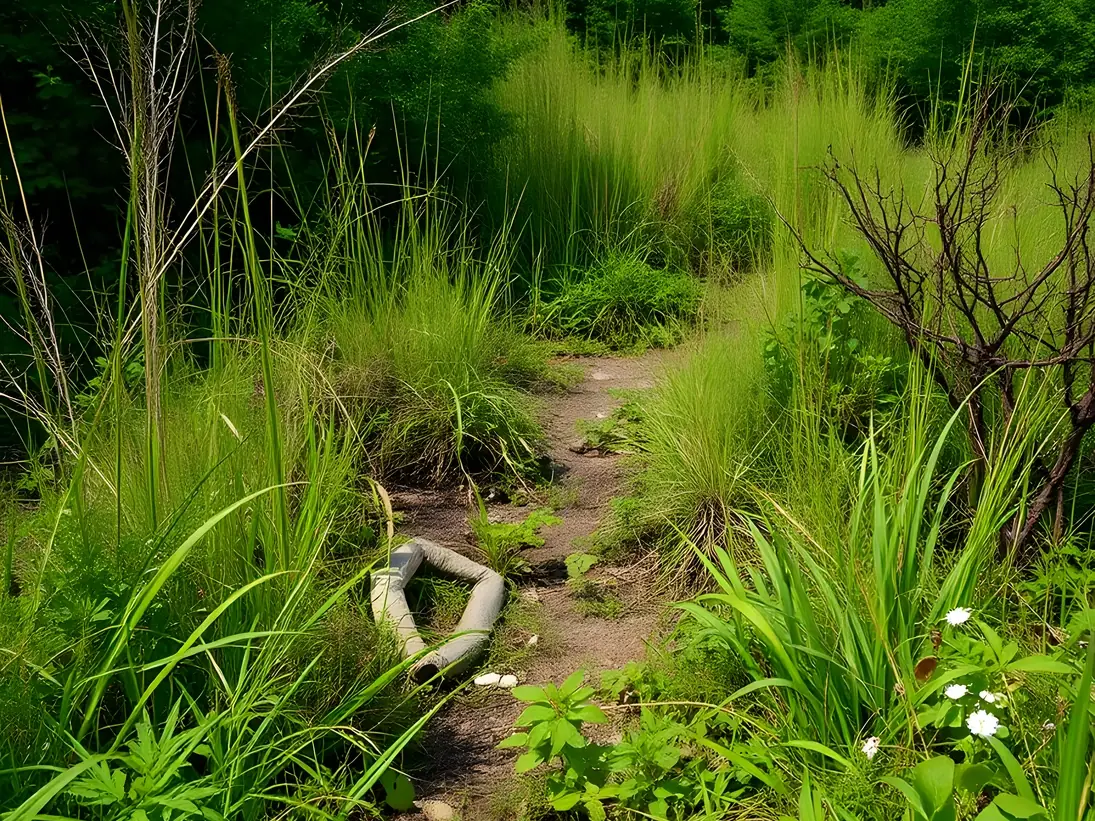 Sentier de terre perdu au milieu des herbes hautes, d’arbustes secs et de broussailles, un vieux tuyau abandonné au sol
