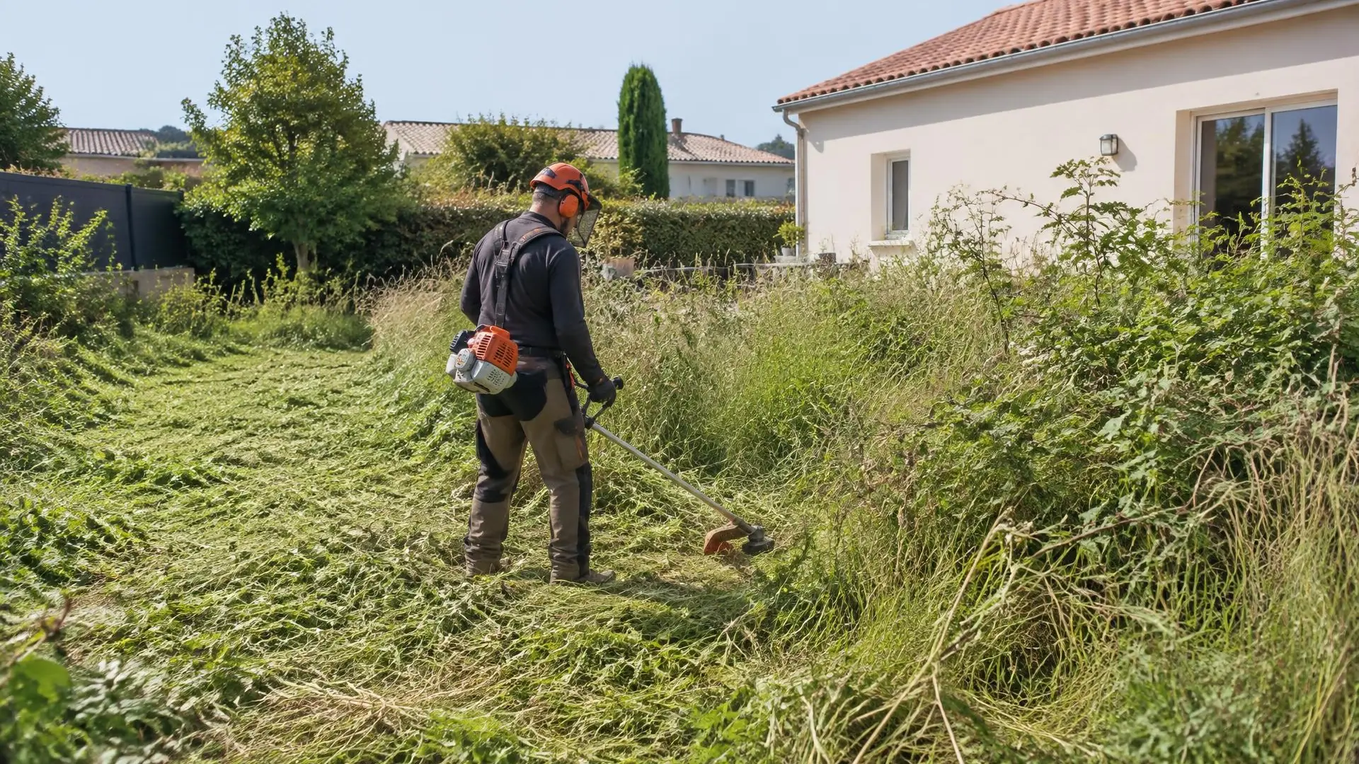 Jardinier casqué à la débroussailleuse dans les herbes hautes d’un terrain, maison enduite au fond