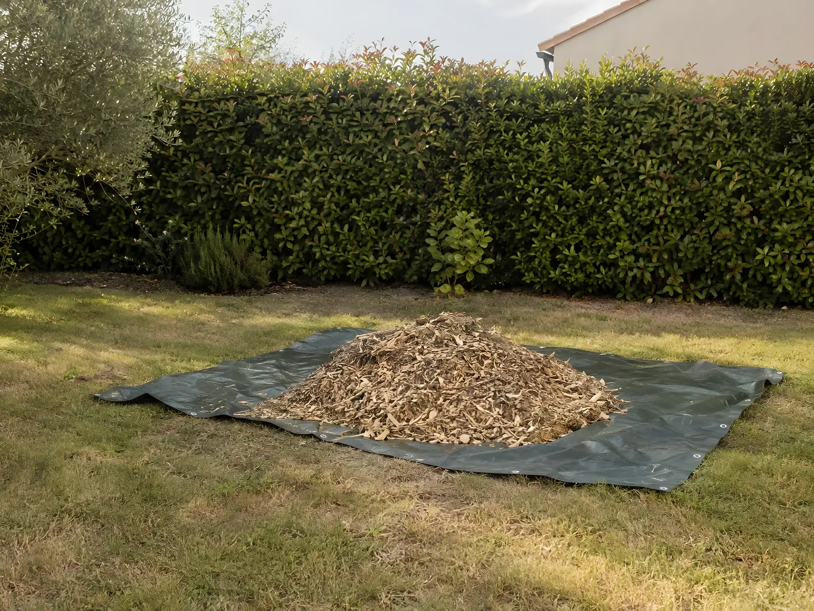 Petit tas de copeaux de bois broyé posé sur une bâche verte au milieu de la pelouse, devant la haie de photinias