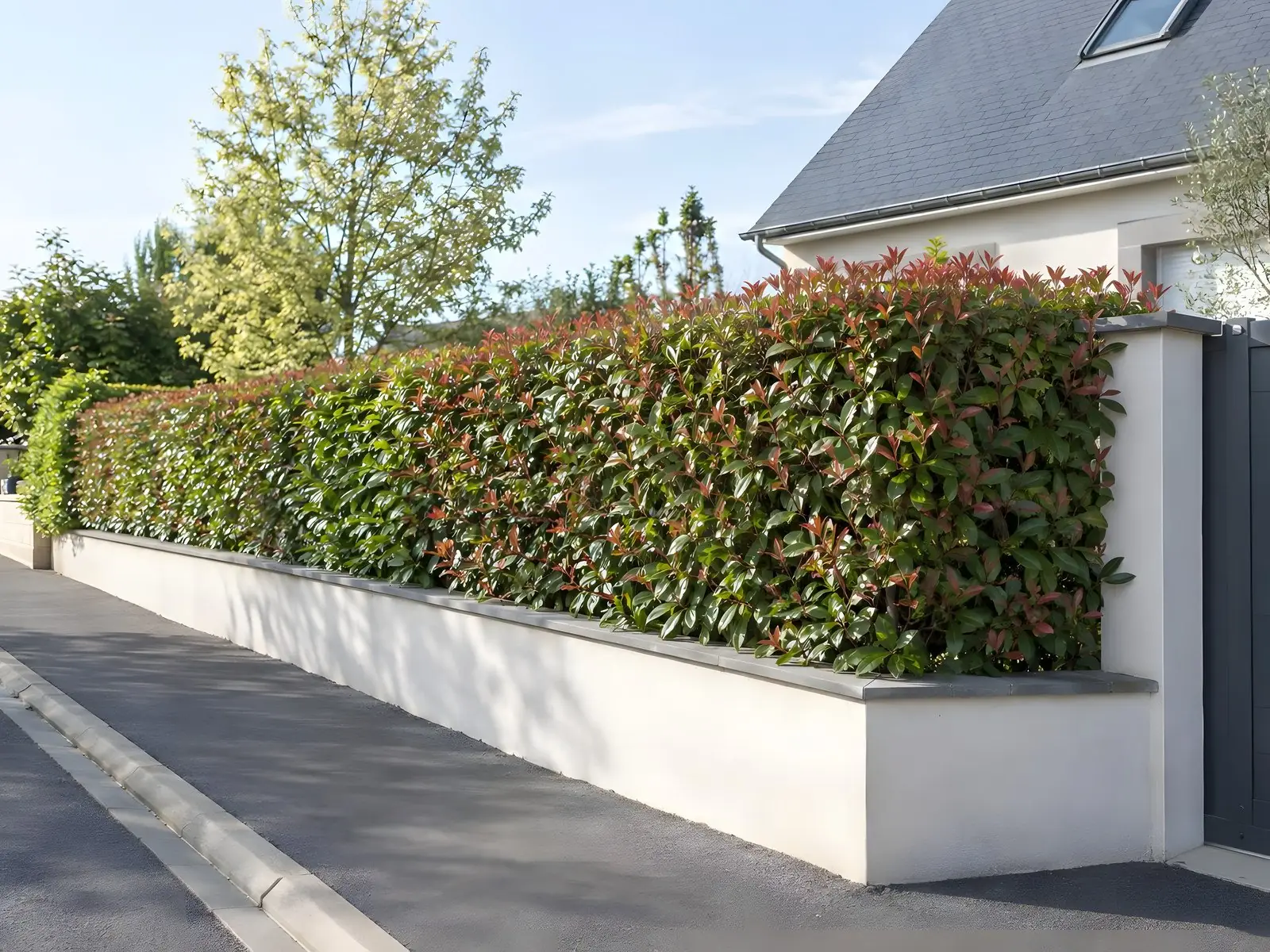 Haie de photinias taillée sur un muret enduit blanc, trottoir en enrobé propre, portail gris sur la droite