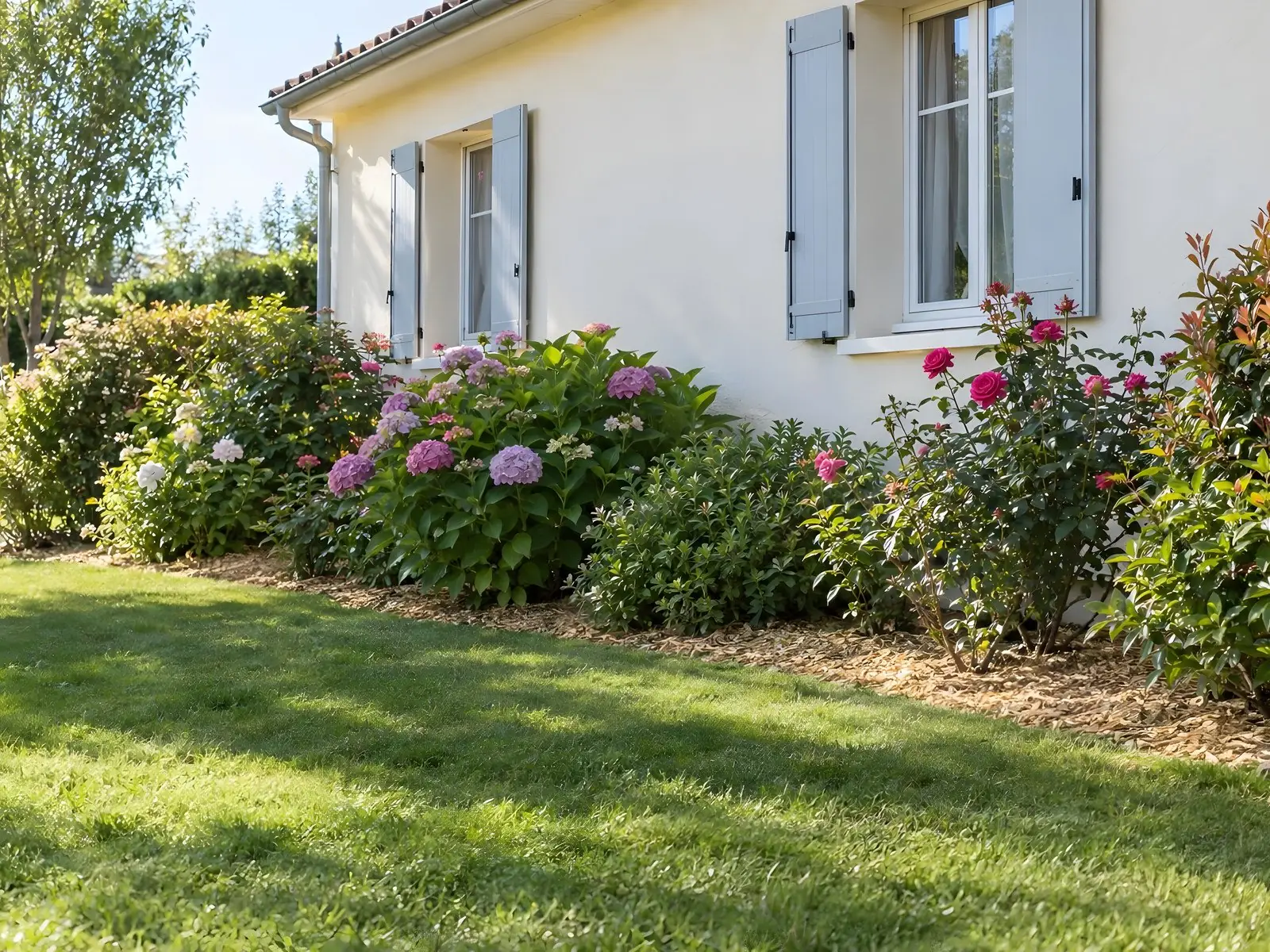 Massif d’hortensias et de rosiers au pied d’une façade crépie, sol couvert de broyat de bois clair, pelouse tondue