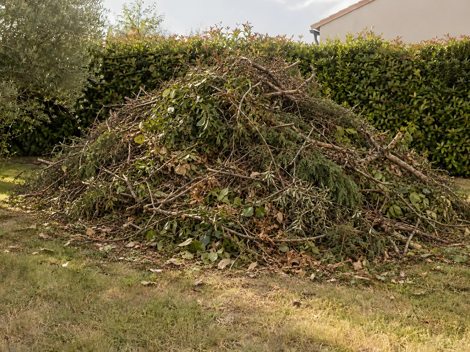 Gros tas de branches et de feuillages coupés entassé sur la pelouse au pied d’une haie de photinias