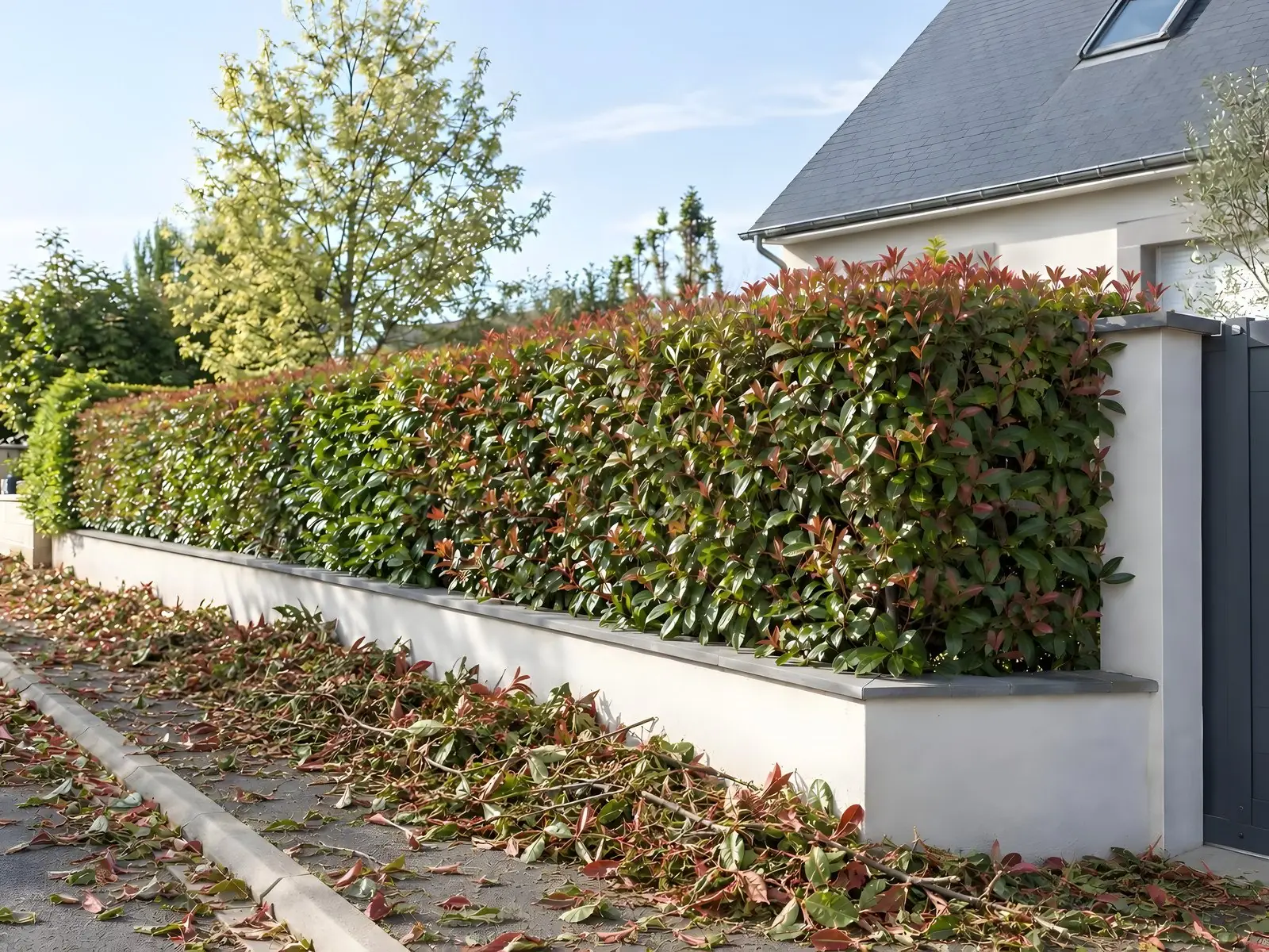 Trottoir couvert de branches coupées et de feuilles rouges au pied d’une haie de photinias taillée sur un muret