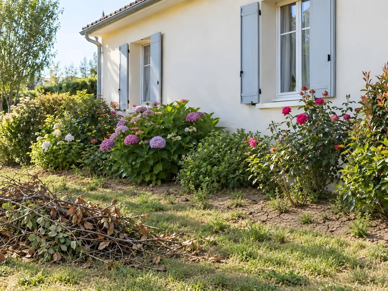 Massif d’hortensias et de rosiers au pied d’une façade crépie, terre sèche craquelée, tas de branches sur la pelouse