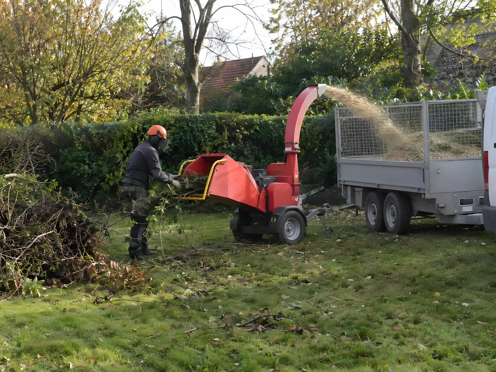 Élagueur casqué qui passe des branches dans un broyeur rouge, les copeaux projetés dans une remorque grillagée