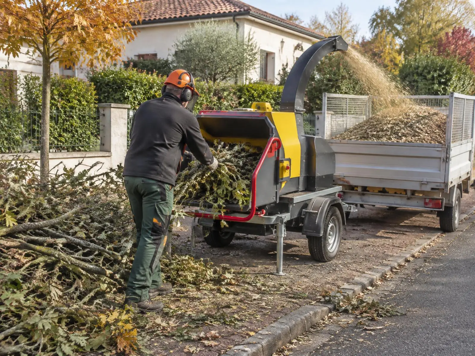 Jardinier casqué engageant des branches dans un broyeur sur roues, copeaux projetés dans une remorque