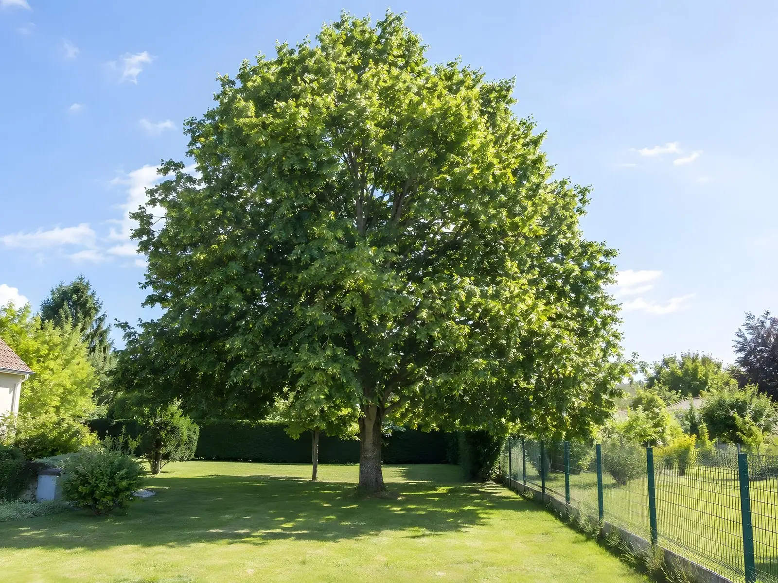 Grand tilleul à la ramure arrondie arrêtée à la clôture verte, jardin voisin au soleil sur la droite