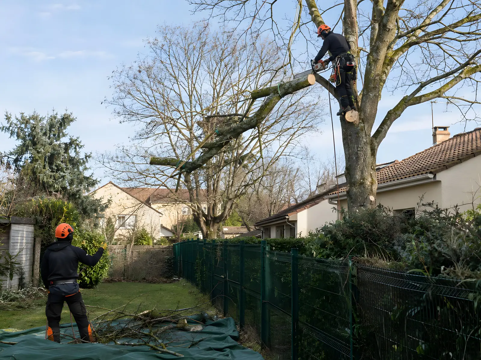 Élagueur casqué et encordé qui coupe une branche au-dessus d’une clôture, un collègue au sol près d’une bâche