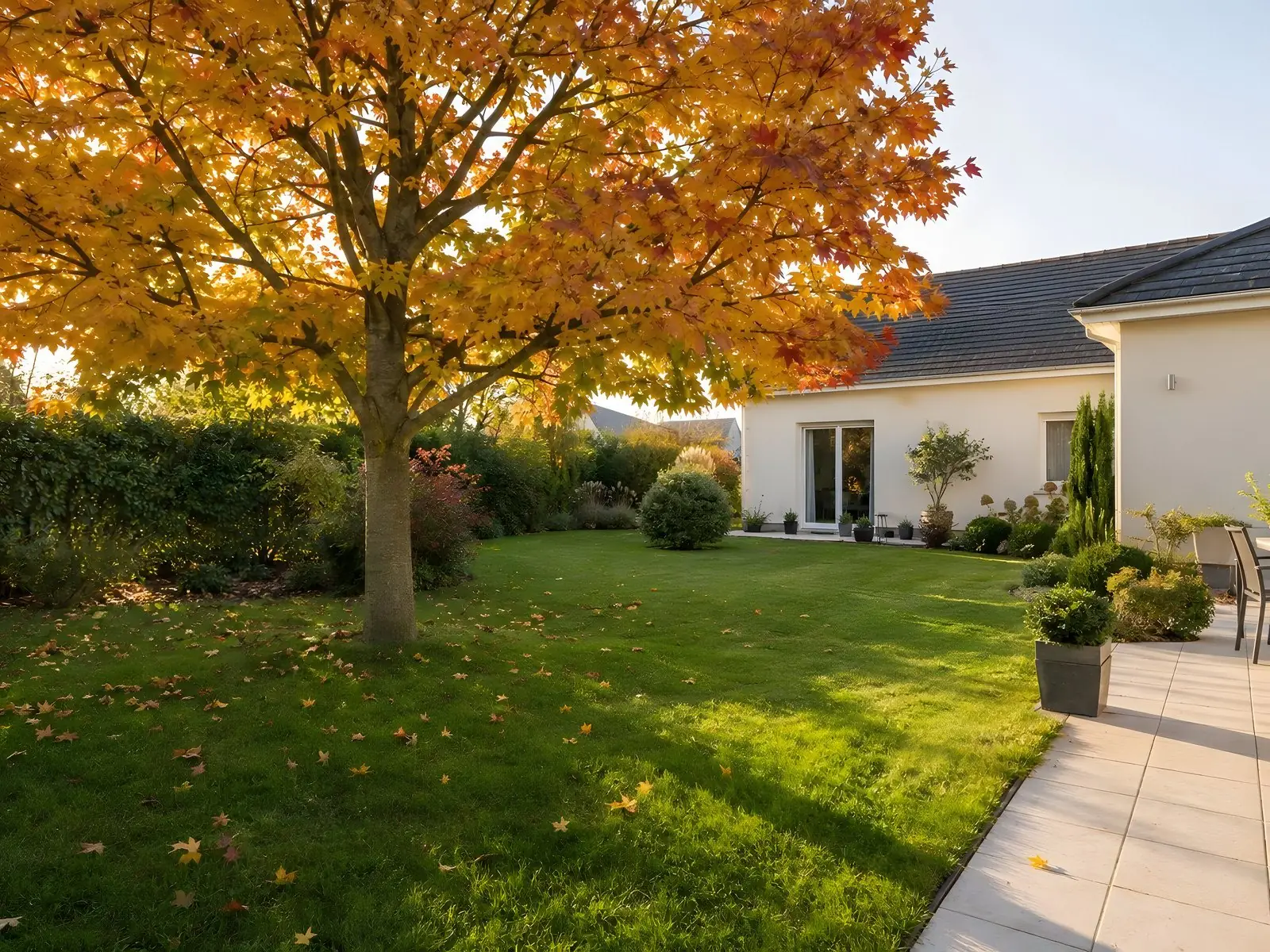 Pelouse verte et nette sous un érable aux feuilles orangées, terrasse dallée propre à droite, maison claire au fond