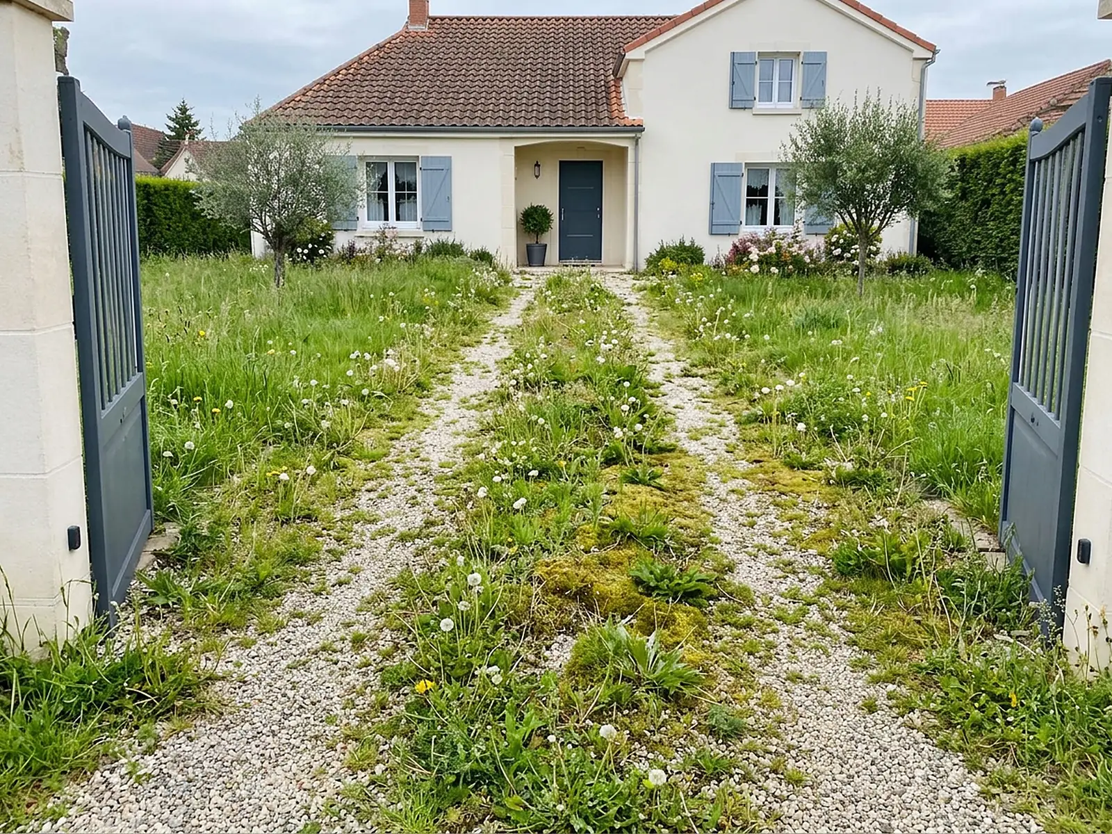 Allée en gravier envahie d’herbe, de mousse et de pissenlits entre deux pelouses hautes, portail ouvert