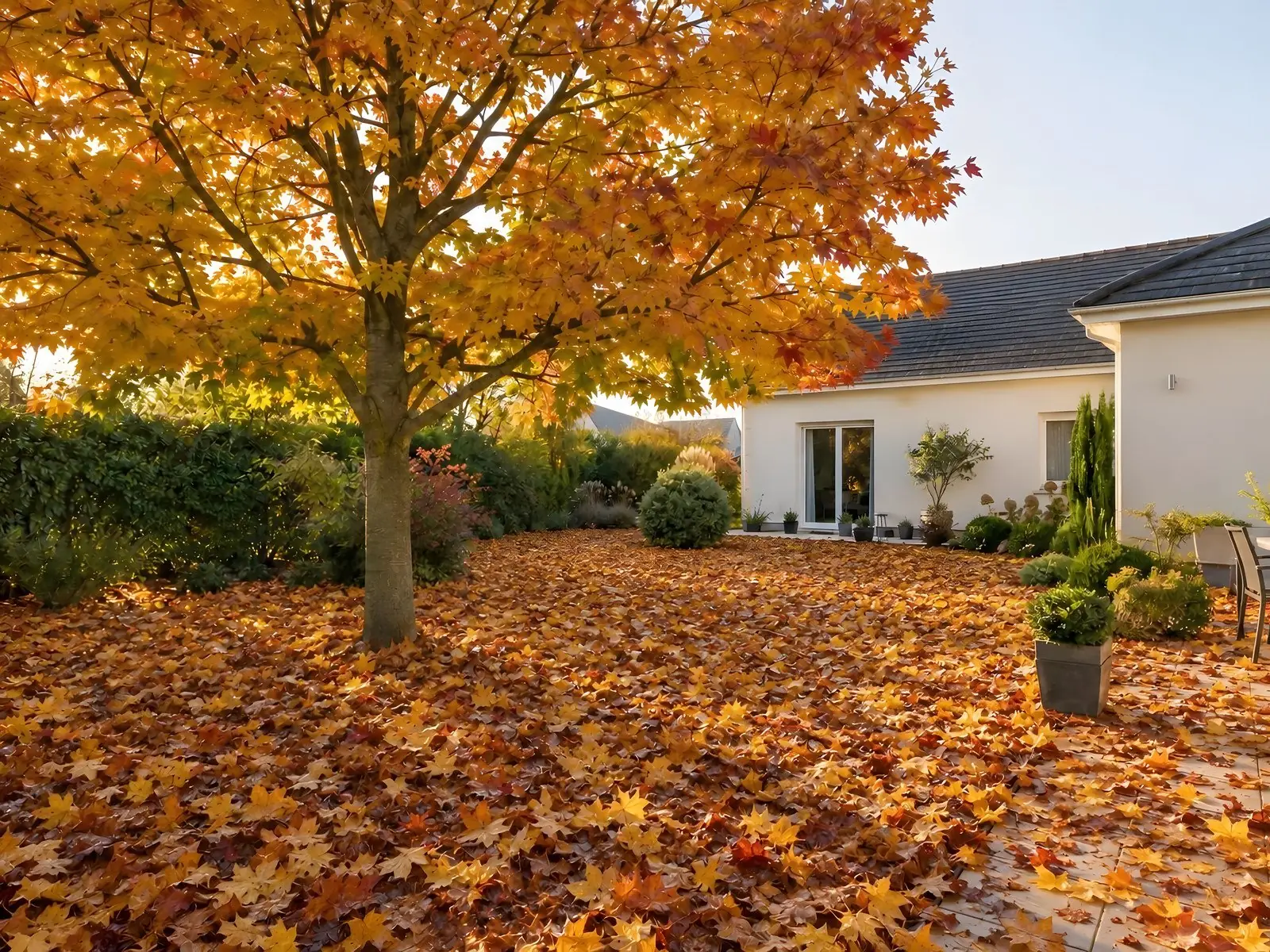 Pelouse et terrasse disparues sous une épaisse couche de feuilles mortes orangées, sous un érable doré