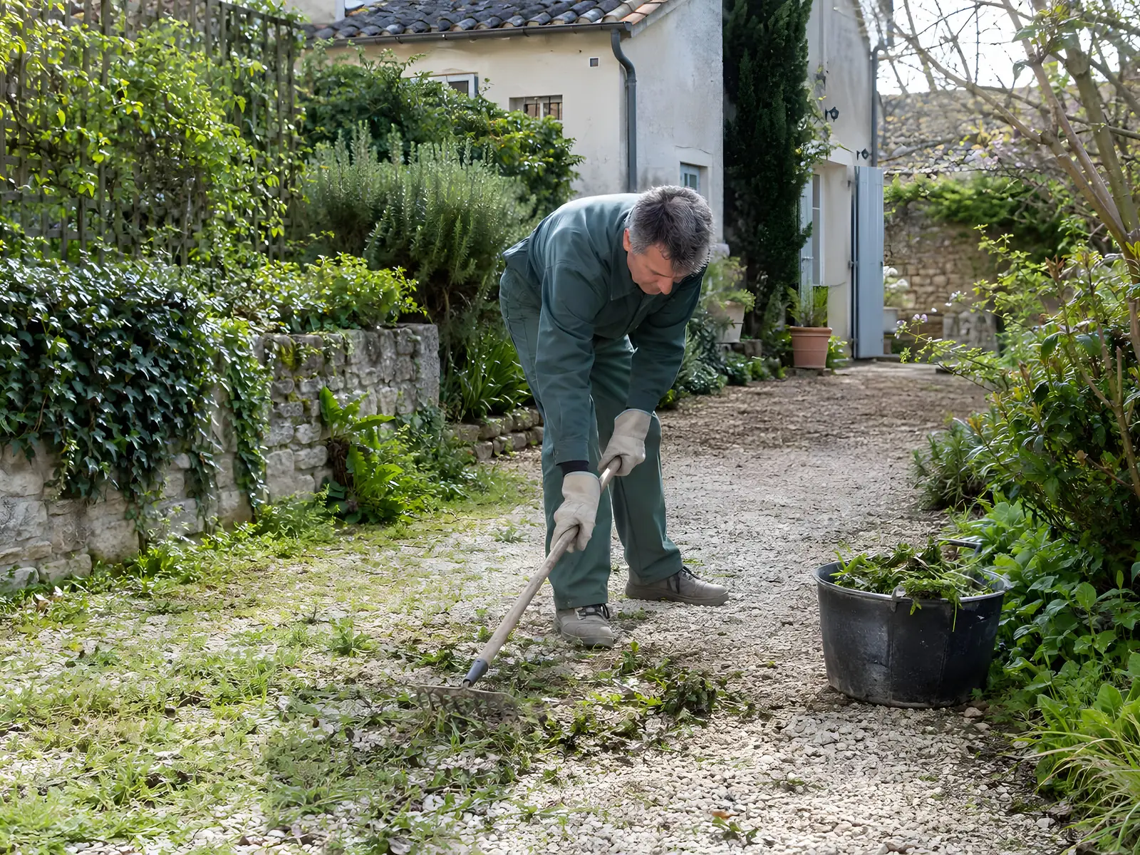 Jardinier qui désherbe à la binette une allée en gravier envahie d’herbe, le long d’un muret de pierre couvert de lierre
