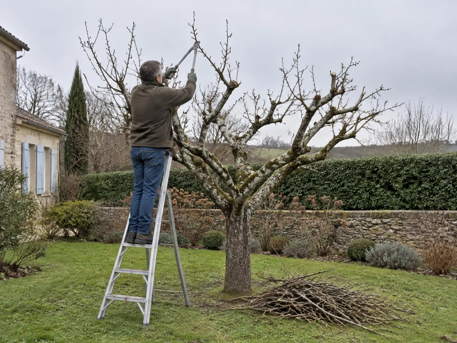 Jardinier sur un escabeau taillant un pommier en hiver au coupe-branches, branches coupées en tas au pied