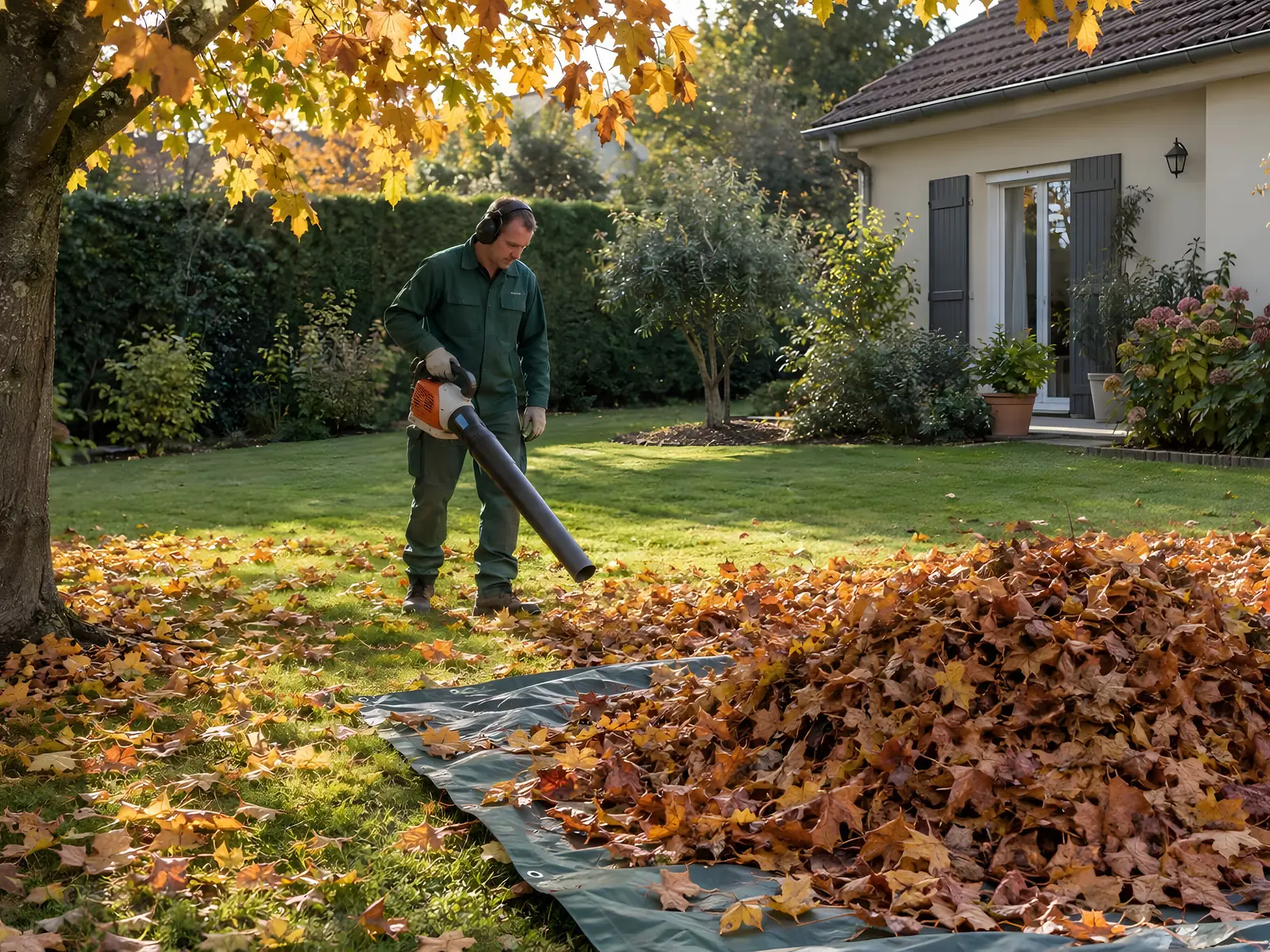 Jardinier au souffleur qui pousse les feuilles mortes en gros tas sur une bâche, sous un arbre aux feuilles dorées