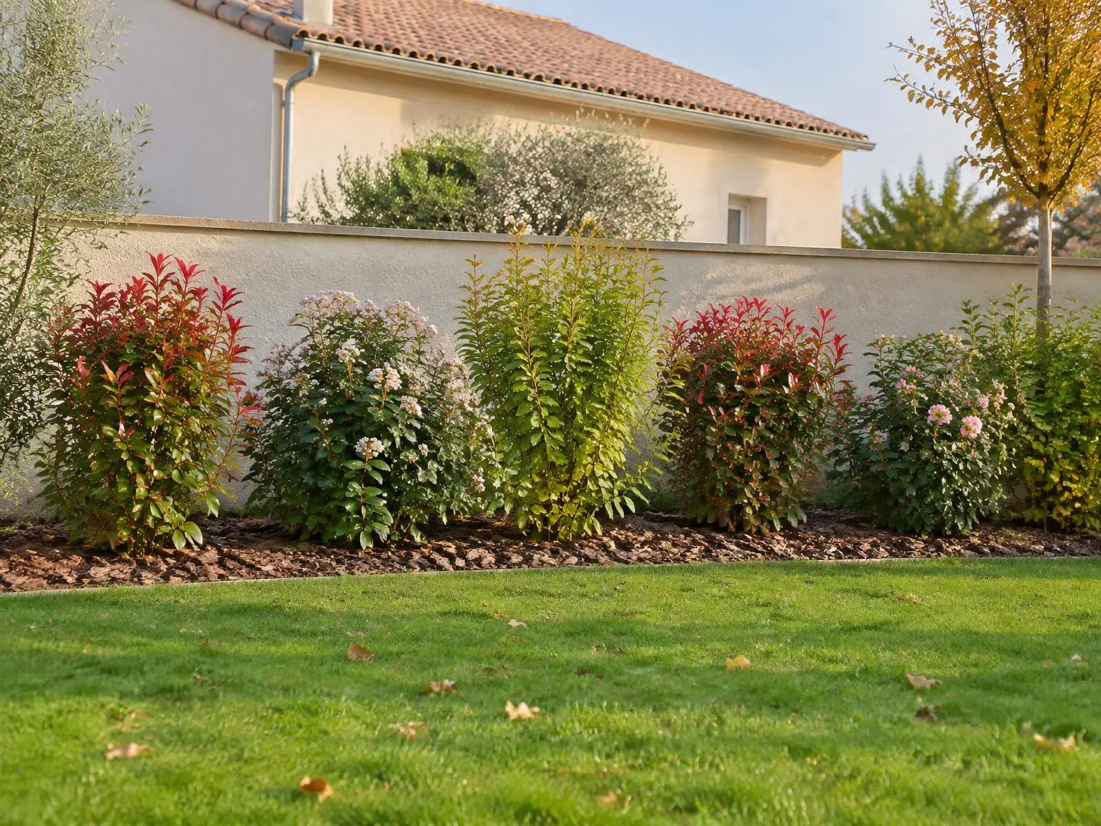 Le même mur avec une jeune haie variée : photinias aux pousses rouges et arbustes en fleurs, pieds paillés