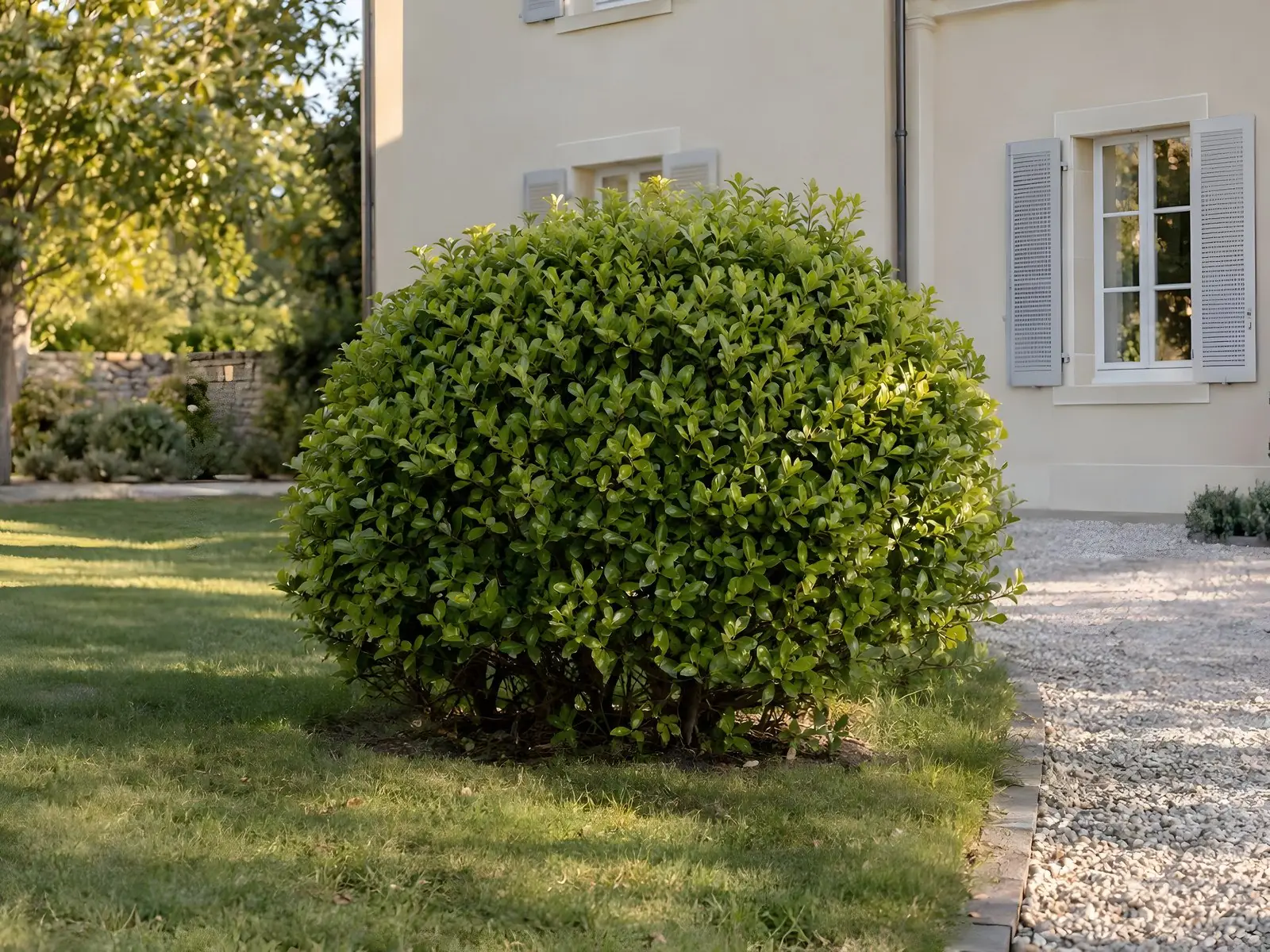 Pittosporum taillé en boule dense au bord d’une allée en gravier dégagée, devant un pavillon crépi aux volets gris