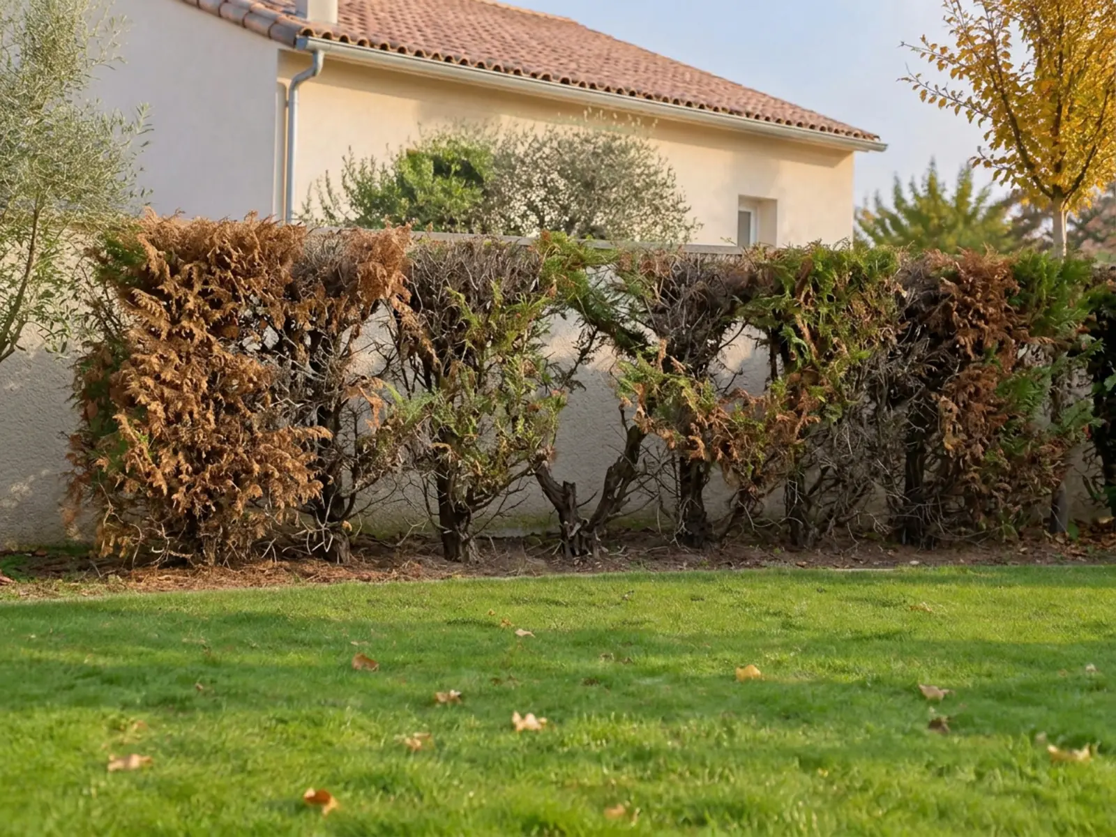 Vieille haie de thuyas marron et dégarnis devant un mur enduit, branches nues au pied, pelouse devant