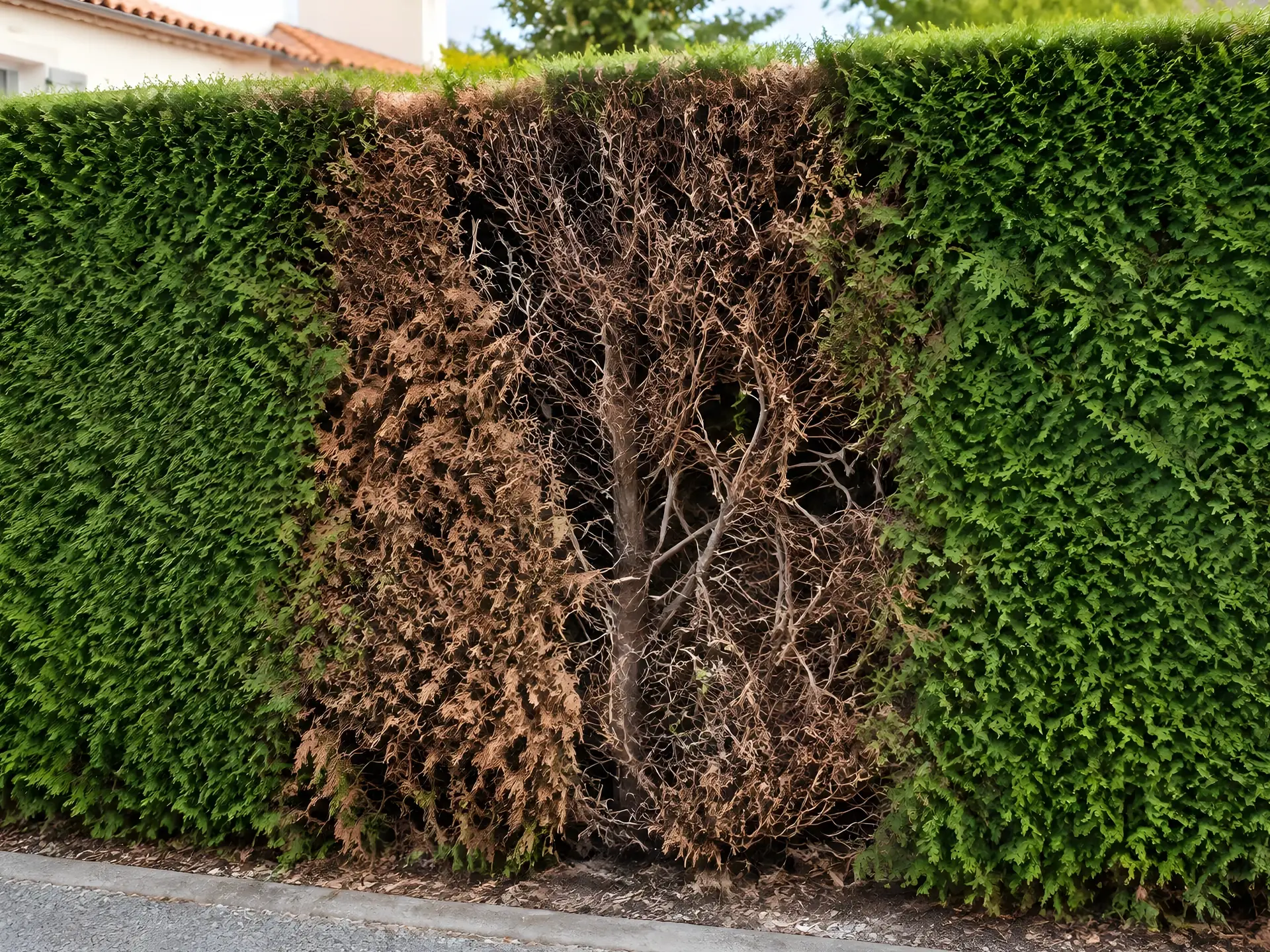 Haie de thuyas verte et dense trouée en son milieu par une large plaque de bois brun aux branches nues
