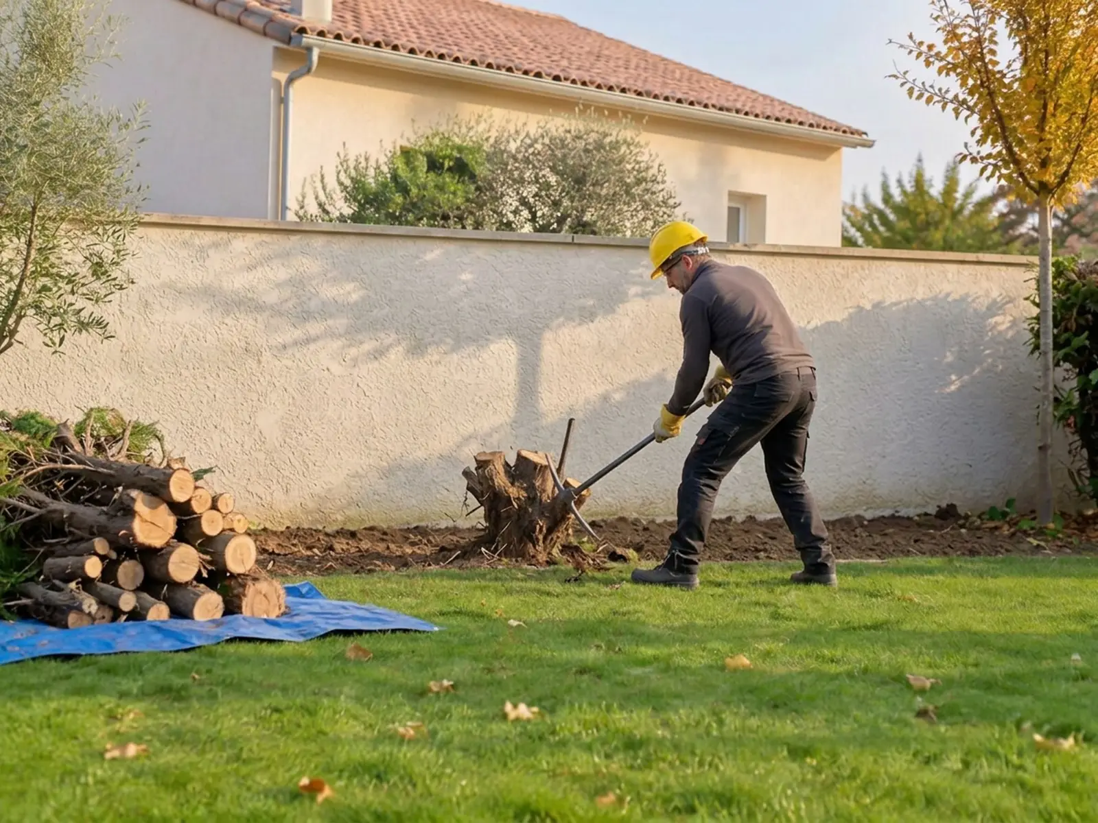 Jardinier casqué arrachant une souche de thuya à la pioche au pied d’un mur, troncs coupés empilés sur une bâche bleue