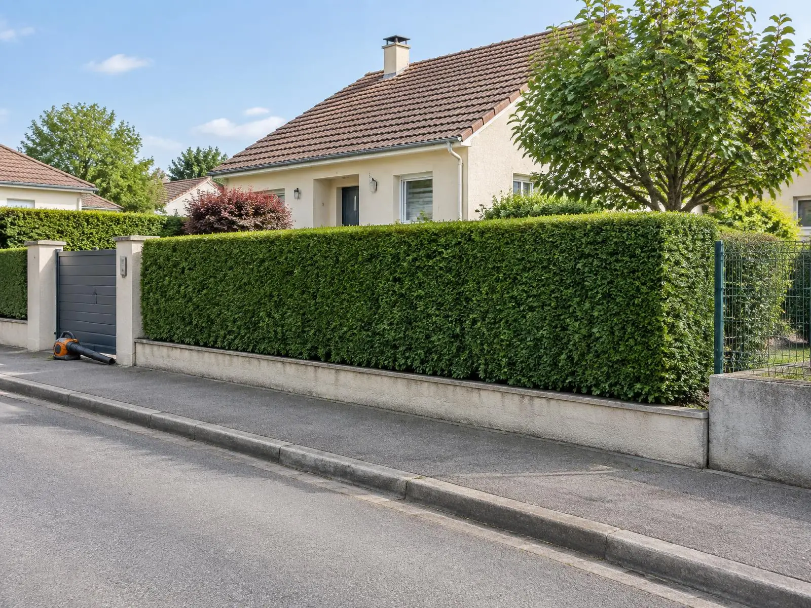 Haie de thuyas rabaissée et taillée au carré le long du trottoir, devant un pavillon aux tuiles brunes