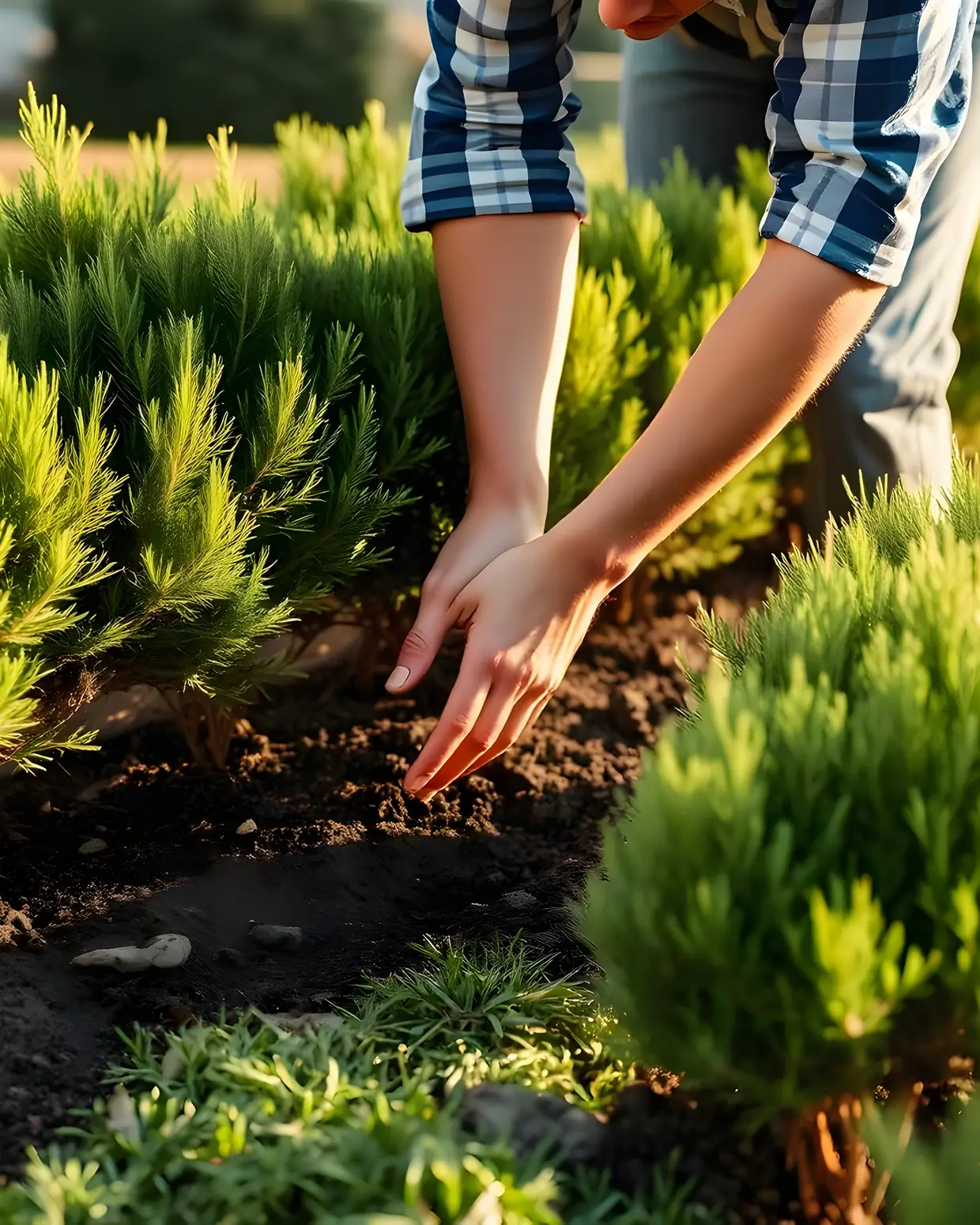 Mains qui tassent la terre entre deux rangs de jeunes conifères, au soleil du soir